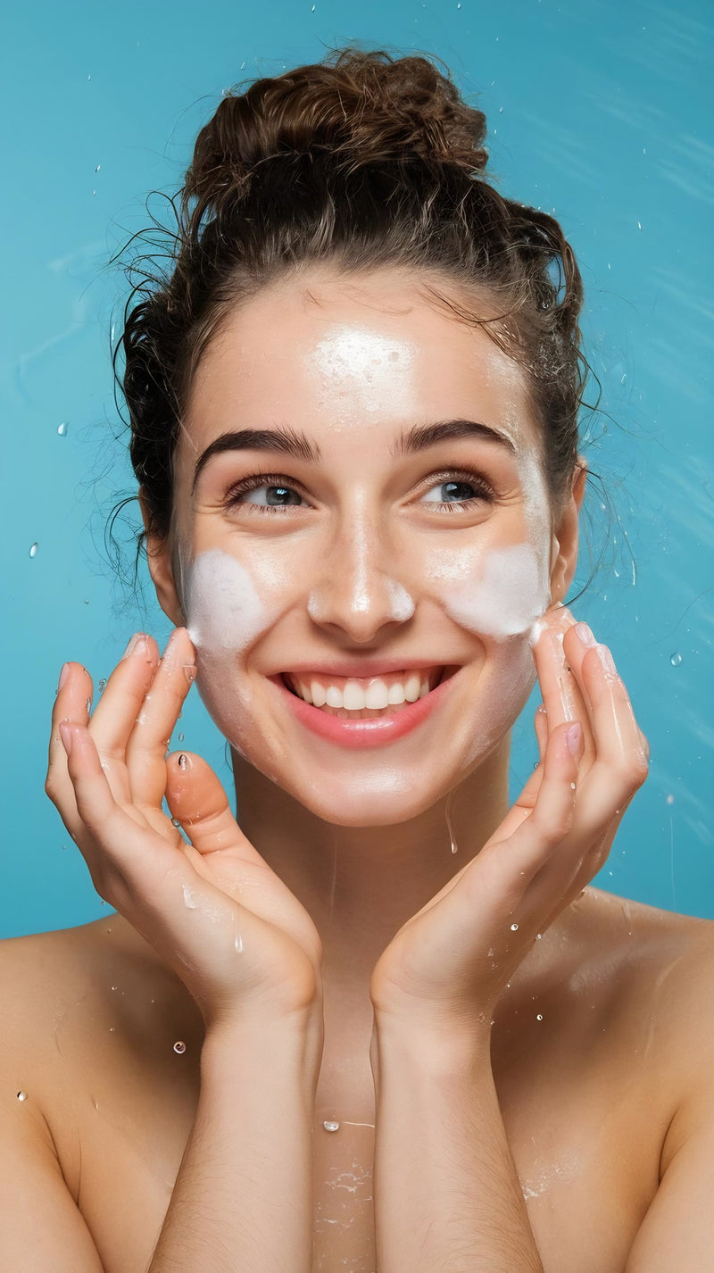 Smiling woman washing her face with foaming cleanser