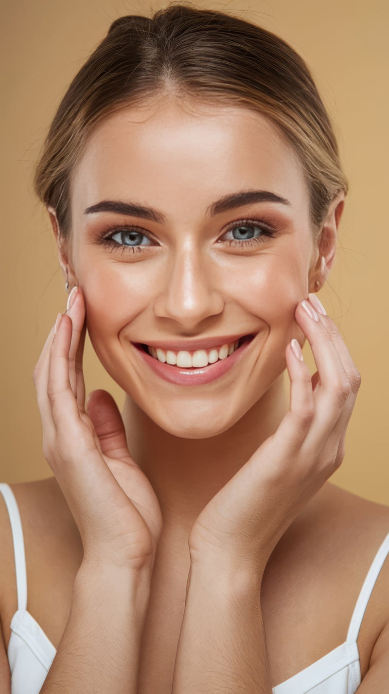 Smiling woman with firm, lifted skin, hands framing her face
