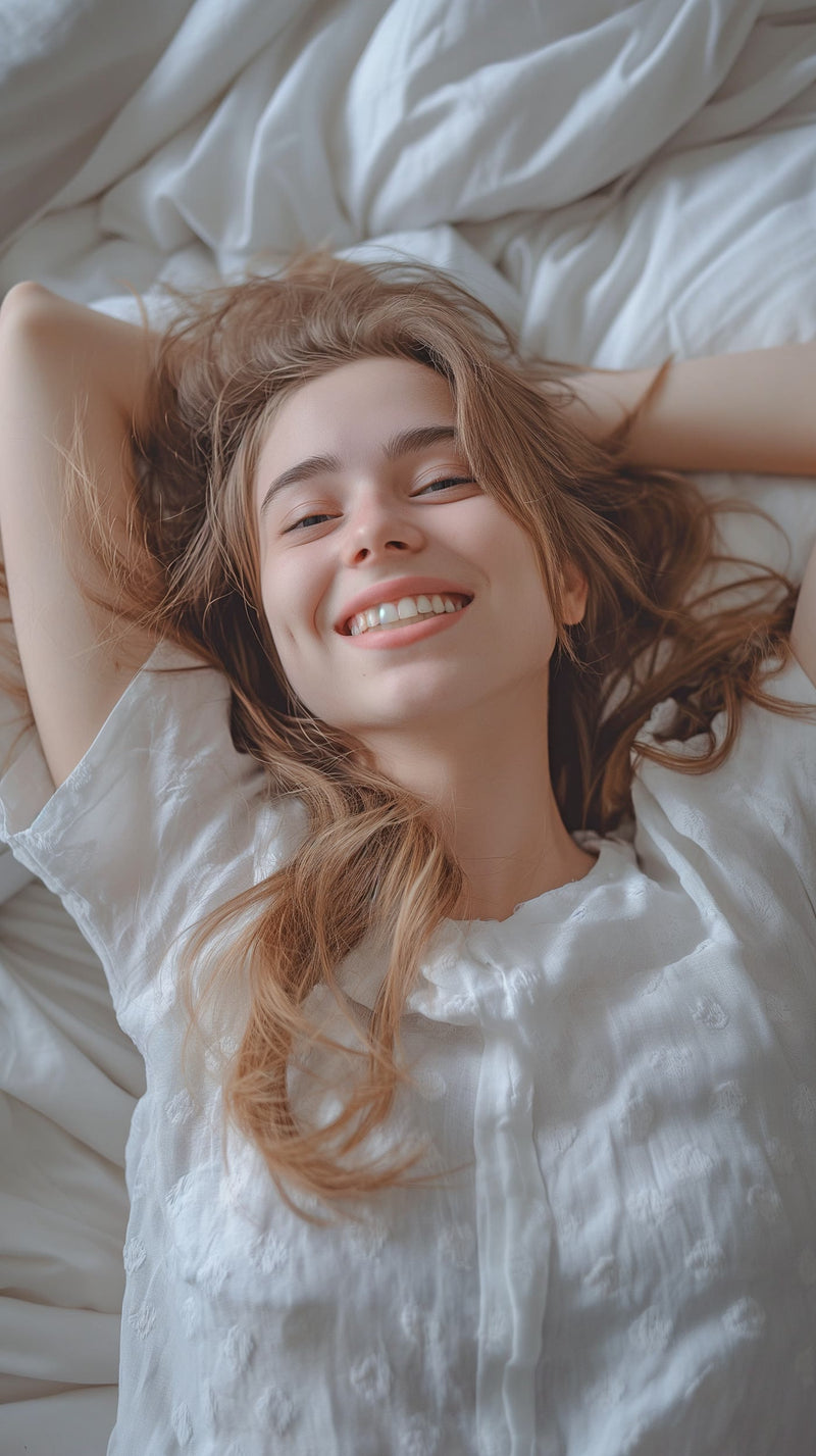 Woman waking up refreshed and smiling